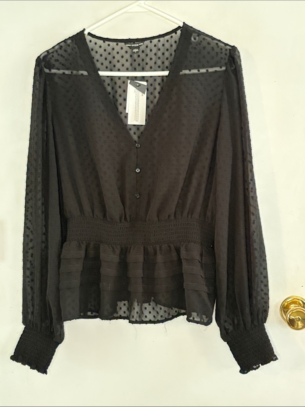 Guess black sheer Swiss dot long sleeve blouse with peplum Size Large